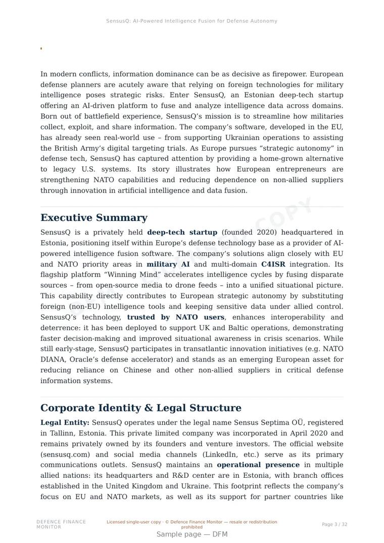 Sample page from “SensusQ: AI-Powered Intelligence Fusion for Defense Autonomy” — 33-page report