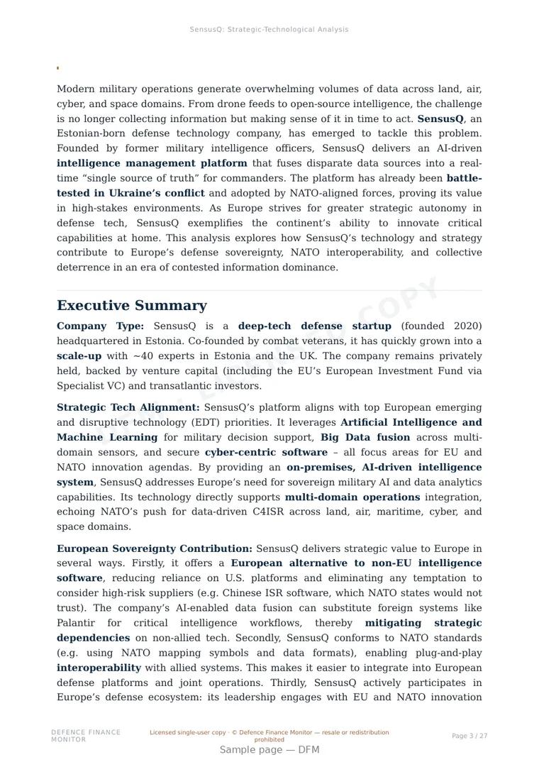 Sample page from “SensusQ — Estonia multi-source data fusion company” — 28-page report