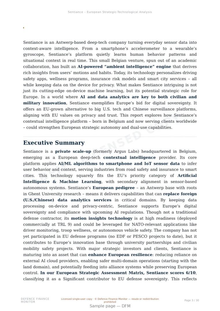 Sample page from “Sentiance — Belgium artificial intelligence company” — 31-page report