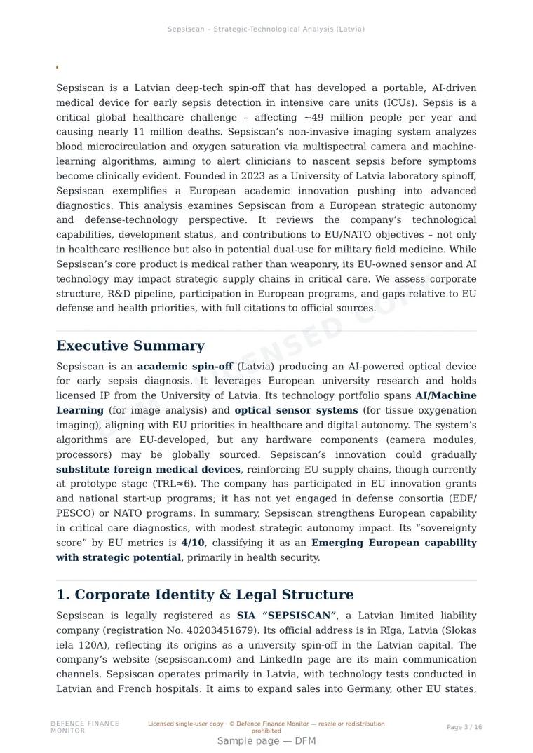 Sample page from “Sepsiscan — Latvia military medical tech company” — 17-page report
