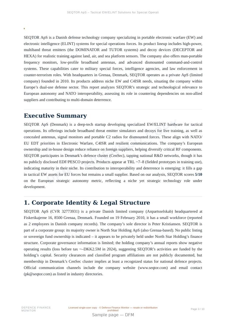 Sample page from “SEQTOR ApS – Tactical EW/ELINT Solutions for Special Operations” — 11-page report