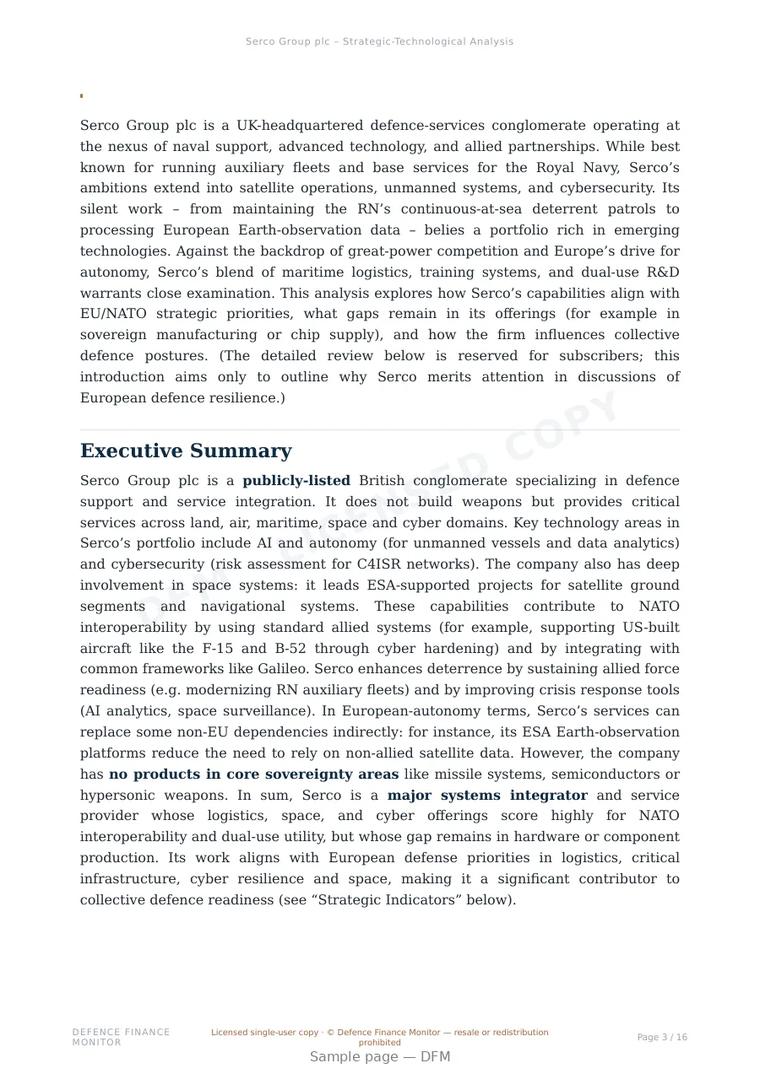 Sample page from “Serco Group plc — United Kingdom naval platforms company” — 17-page report