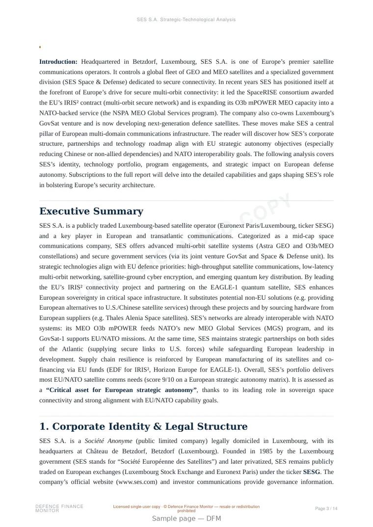 Sample page from “SES S.A. — Luxembourg satellite communications company” — 15-page report