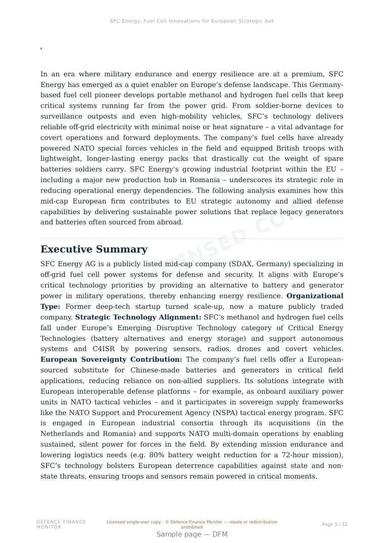 Sample page from “SFC Energy: Fuel Cell Innovations for European Strategic Autonomy” — 33-page report