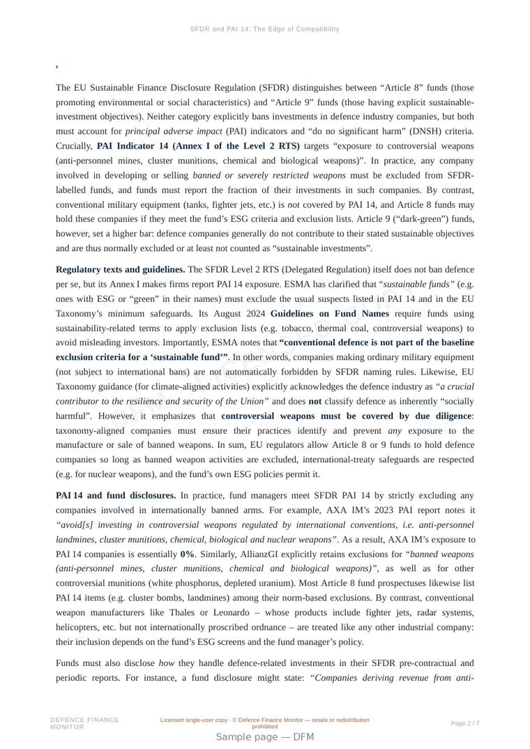 Sample page from “SFDR and PAI 14: The Edge of Compatibility” — 8-page report