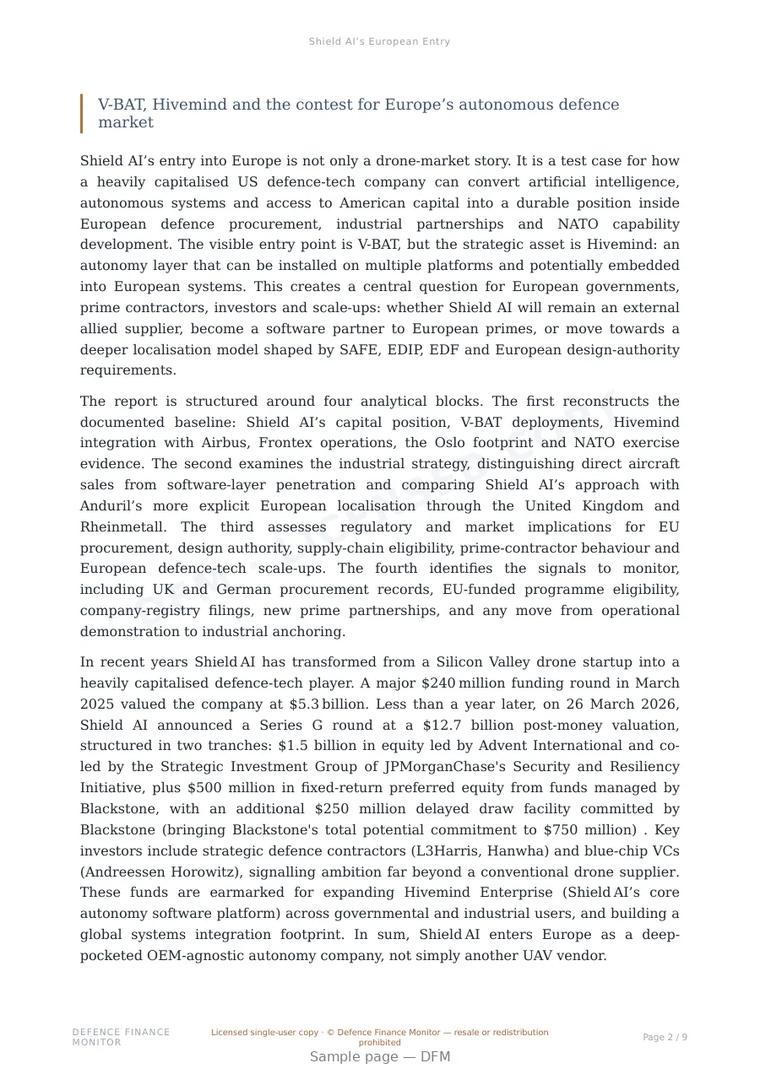 Sample page from “Shield AI’s European Entry” — 10-page report