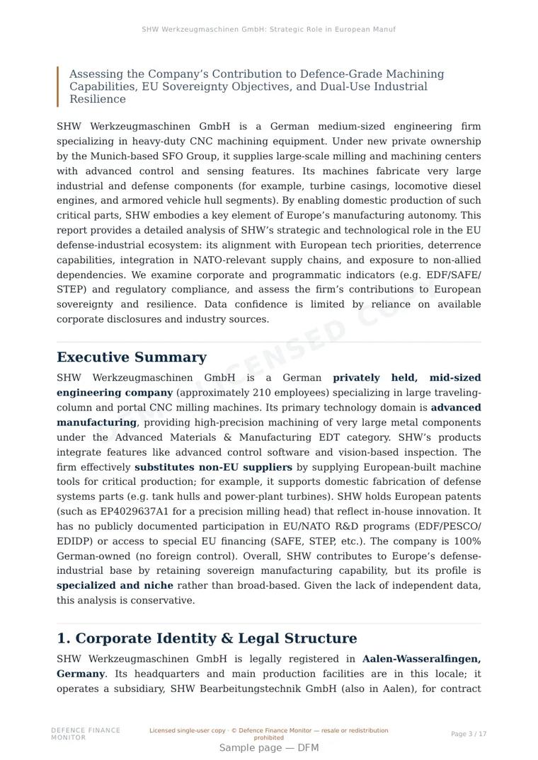 Sample page from “SHW Werkzeugmaschinen GmbH: Strategic Role in European Manufacturing Autonomy” — 18-page report