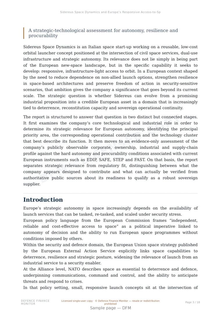 Sample page from “Sidereus Space Dynamics and Europe’s Responsive Access-to-Space Challenge” — 19-page report