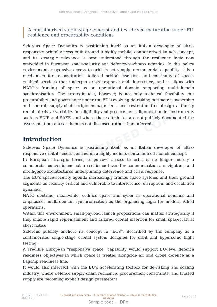 Sample page from “Sidereus Space Dynamics: Responsive Launch and Mobile Orbital Access for European Space Security” — 17-page report