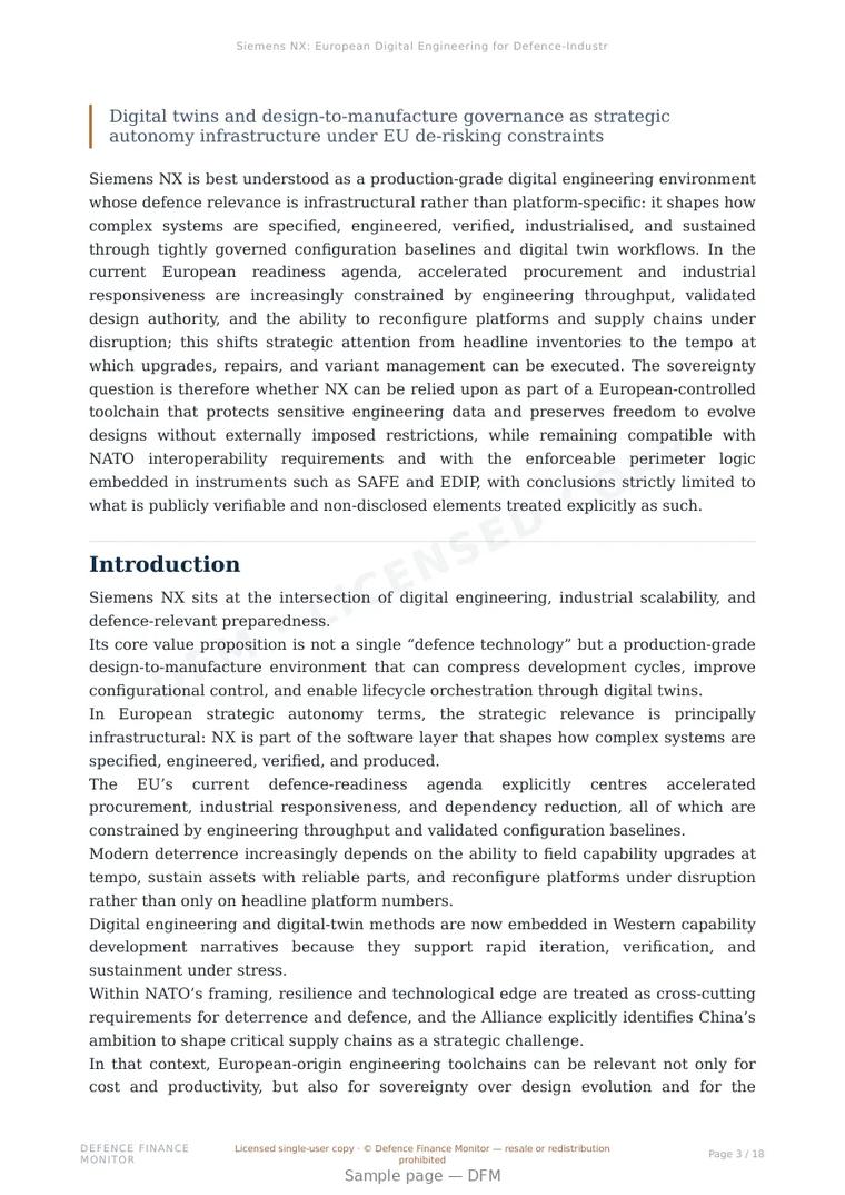 Sample page from “Siemens NX: European Digital Engineering for Defence-Industrial Scale-Up, Configuration Control, and Allied Readiness” — 19-page report