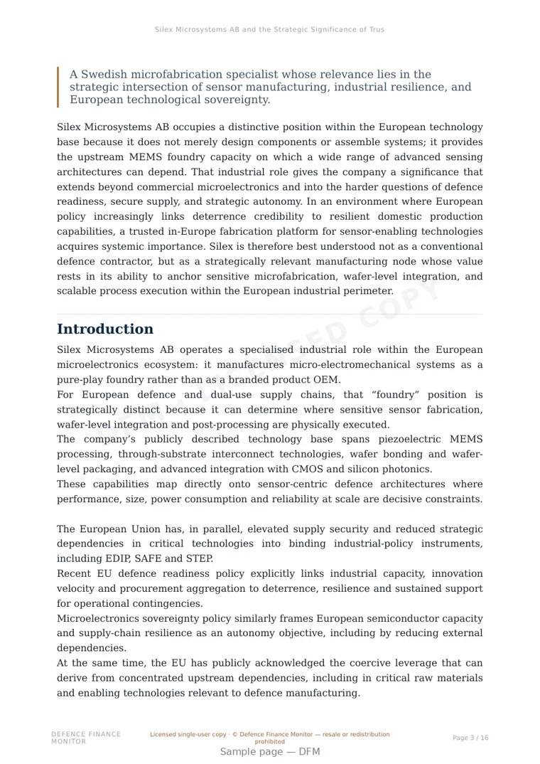 Sample page from “Silex Microsystems AB and the Strategic Significance of Trusted European MEMS Foundry Capacity for Defence-Relevant Sensor Supply Chains” — 17-page report