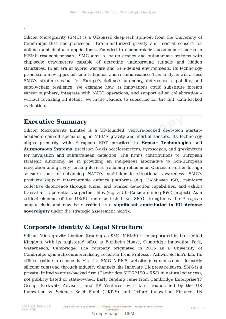 Sample page from “Silicon Microgravity (SMG) — United Kingdom advanced sensors company” — 17-page report