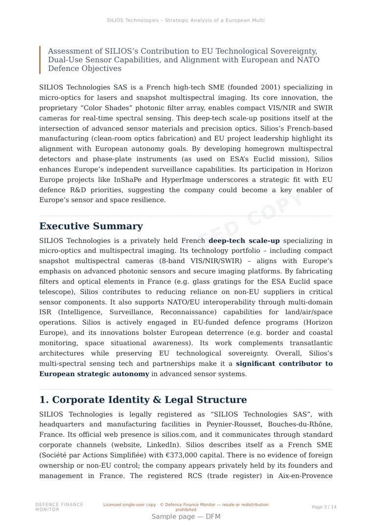 Sample page from “SILIOS Technologies – Strategic Analysis of a European Multispectral Imaging Innovator” — 15-page report