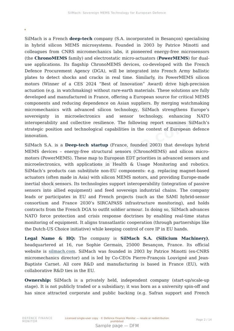 Sample page from “SilMach: Sovereign MEMS Technology for European Defence” — 15-page report