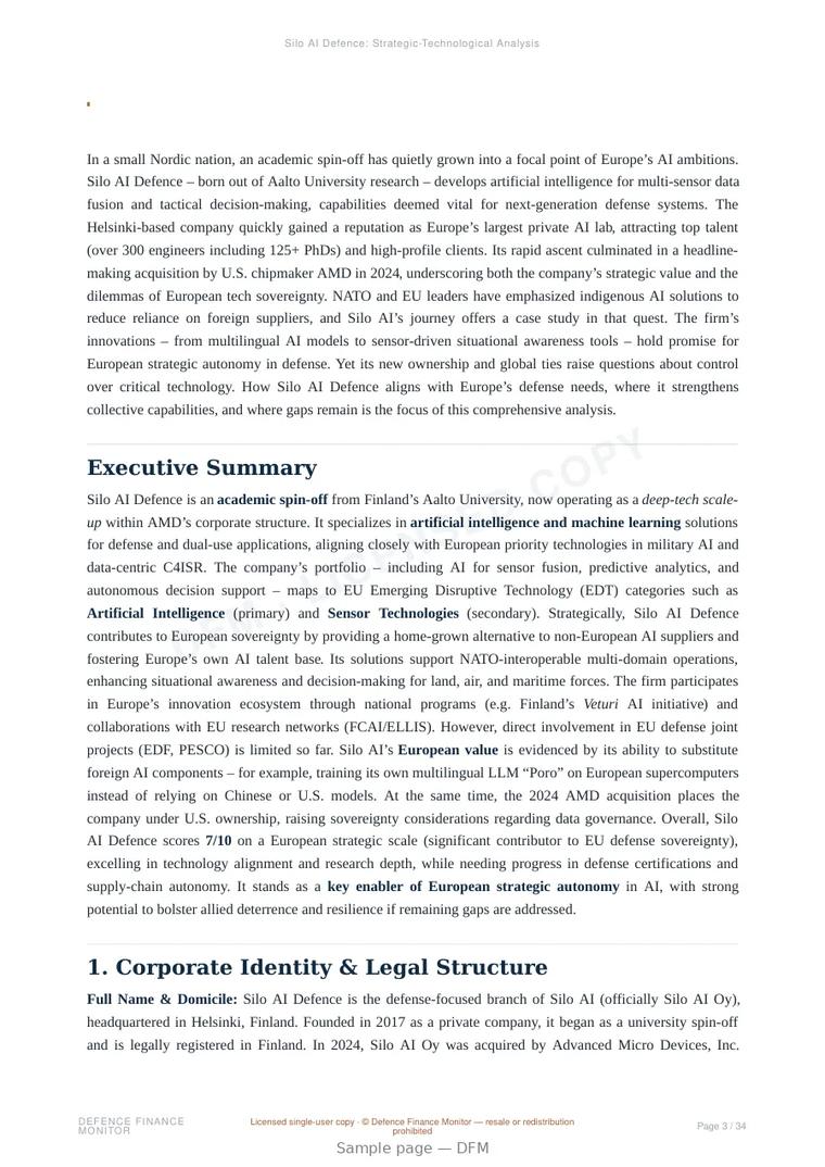 Sample page from “Silo AI Defence — Finland multi-source data fusion company” — 35-page report