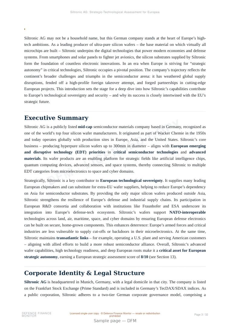 Sample page from “Siltronic AG: Strategic-Technological Assessment for European Defense and Dual-Use Autonomy” — 33-page report