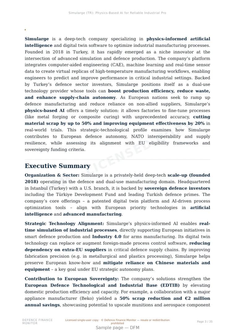 Sample page from “Simularge (TR): Physics‑Based AI for Reliable Industrial Production in Defence” — 36-page report