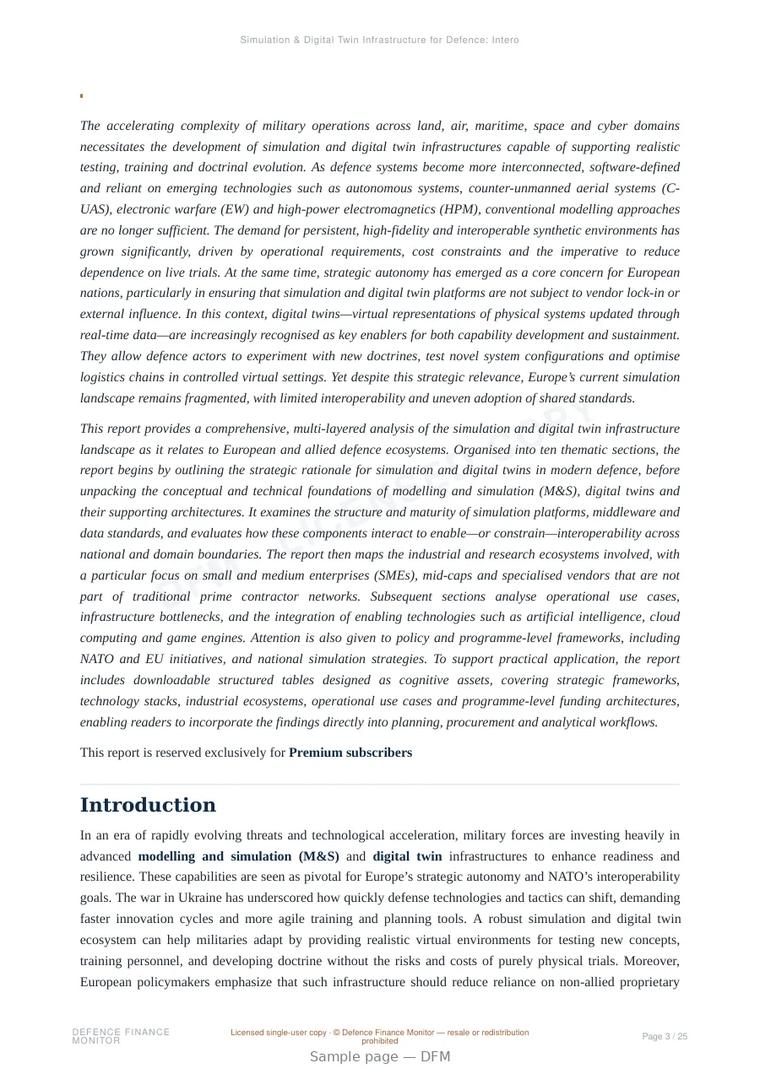 Sample page from “Simulation & Digital Twin Infrastructure for Defence: Interoperable Environments for Testing, Training and Doctrine Development” — 26-page report