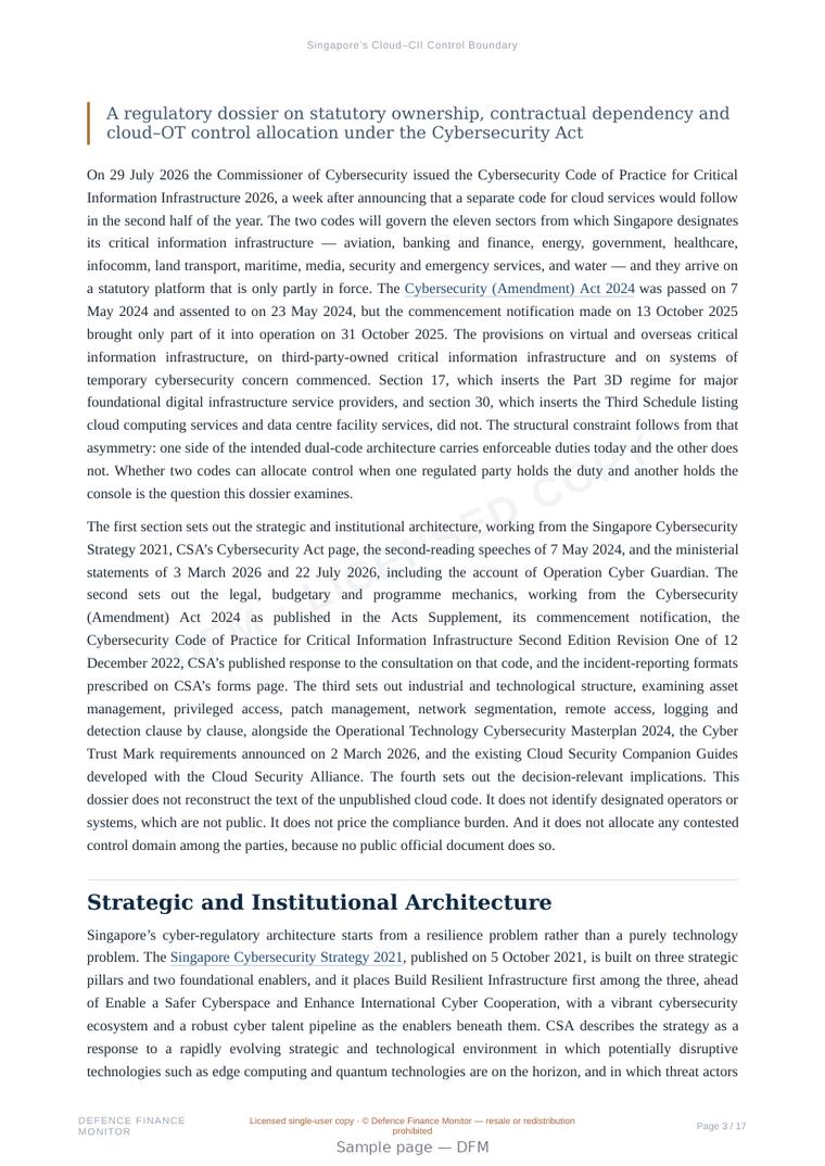 Sample page from “Singapore’s Cloud–CII Control Boundary” — 18-page report