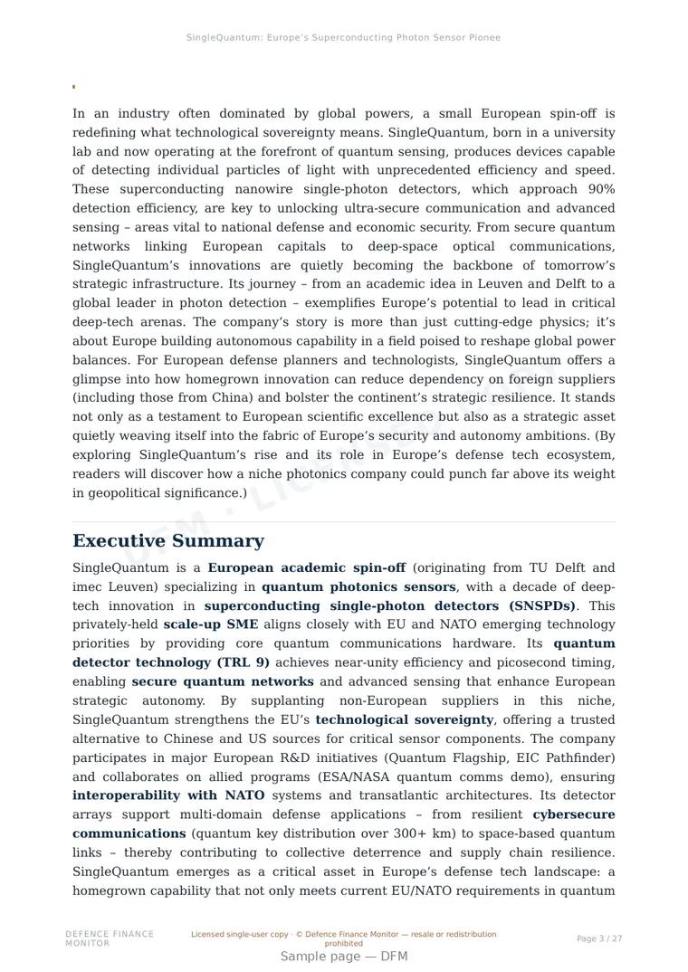Sample page from “SingleQuantum: Europe’s Superconducting Photon Sensor Pioneer” — 28-page report