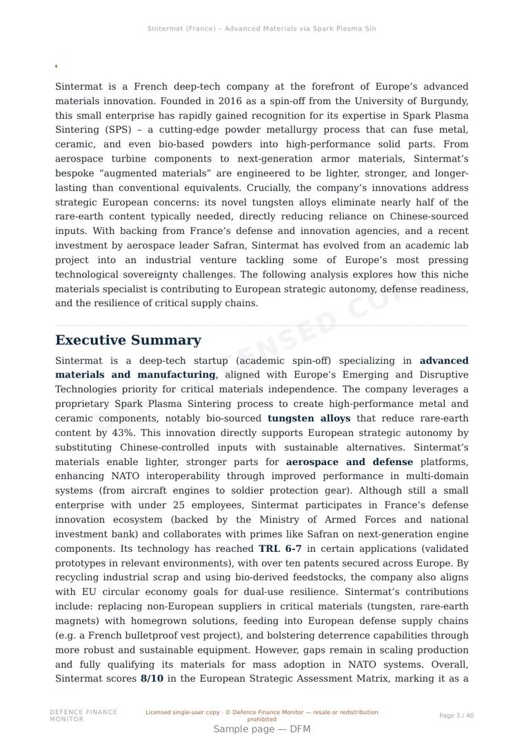 Sample page from “Sintermat (France) – Advanced Materials via Spark Plasma Sintering for Aerospace & Defense” — 41-page report