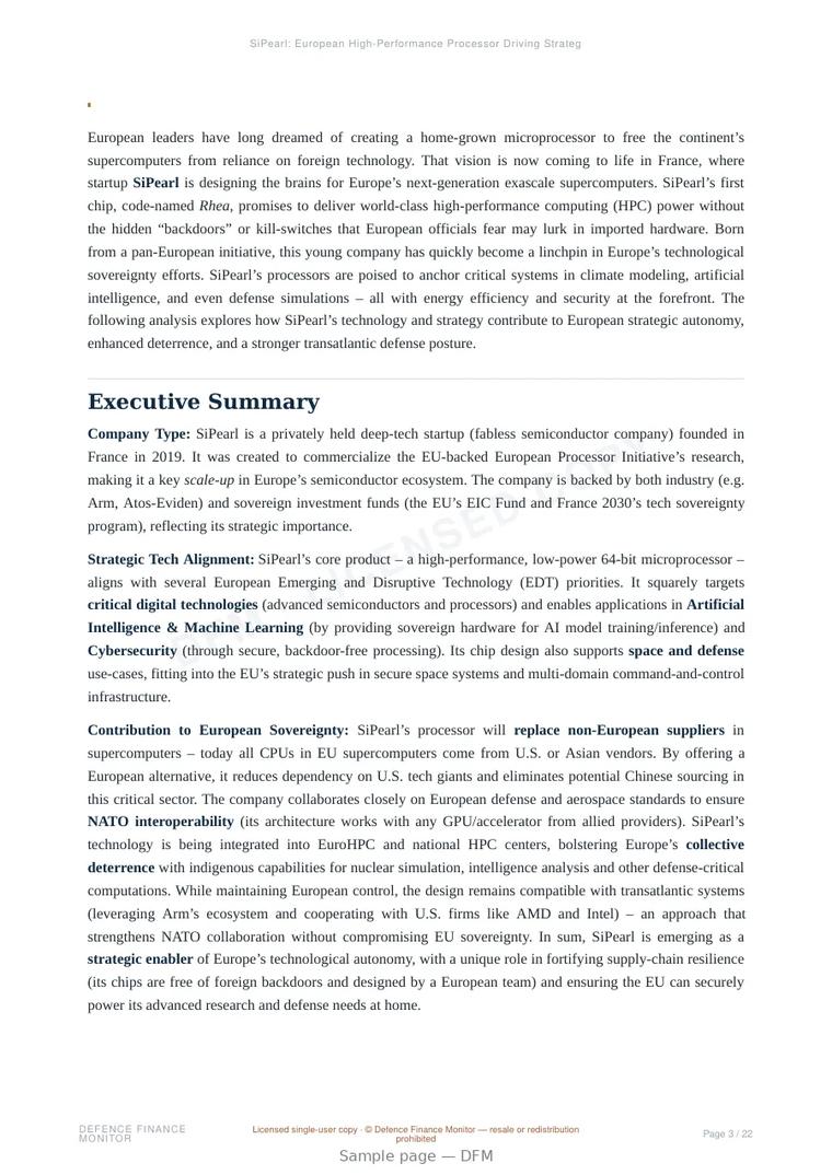 Sample page from “SiPearl: European High-Performance Processor Driving Strategic Autonomy” — 23-page report