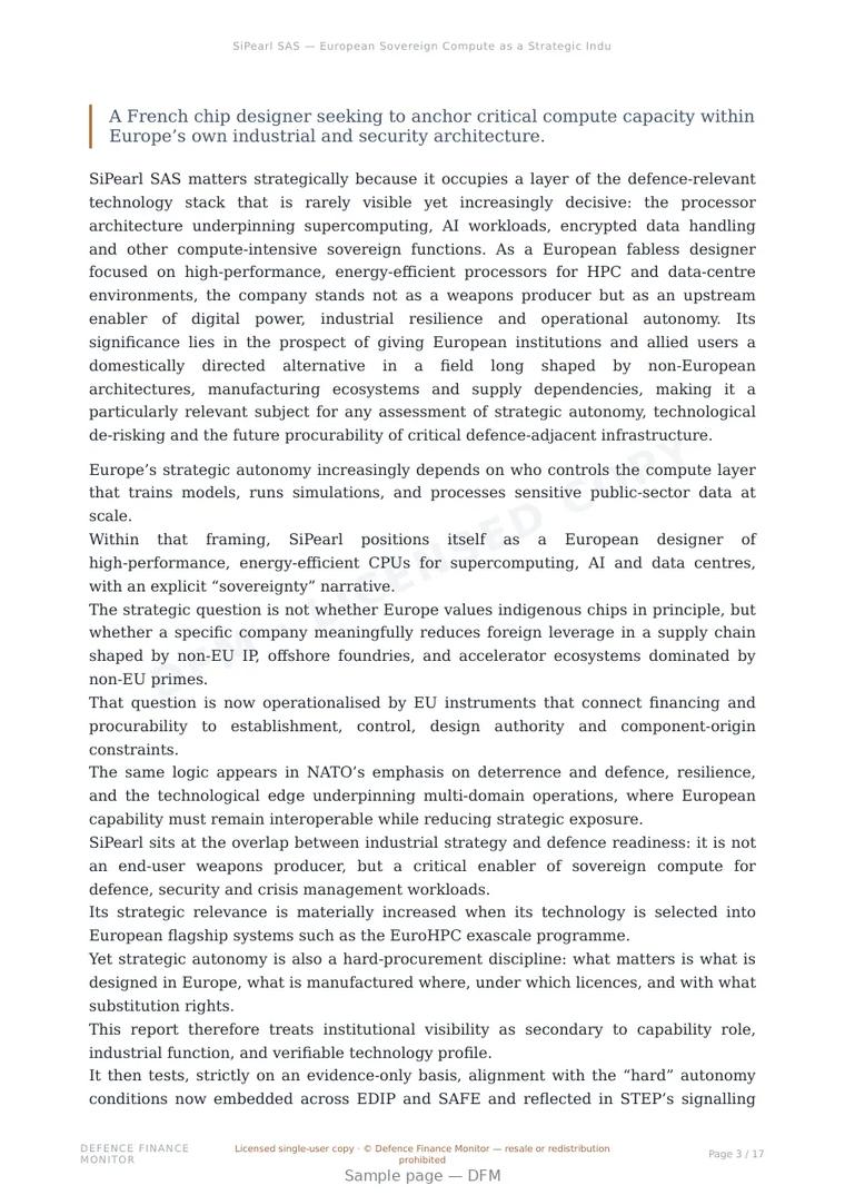 Sample page from “SiPearl SAS — European Sovereign Compute as a Strategic Industrial Lever for Defence-Grade High-Performance Processing” — 18-page report