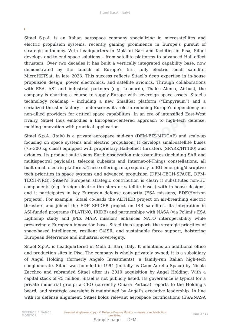 Sample page from “Sitael S.p.A. (Italy)” — 12-page report