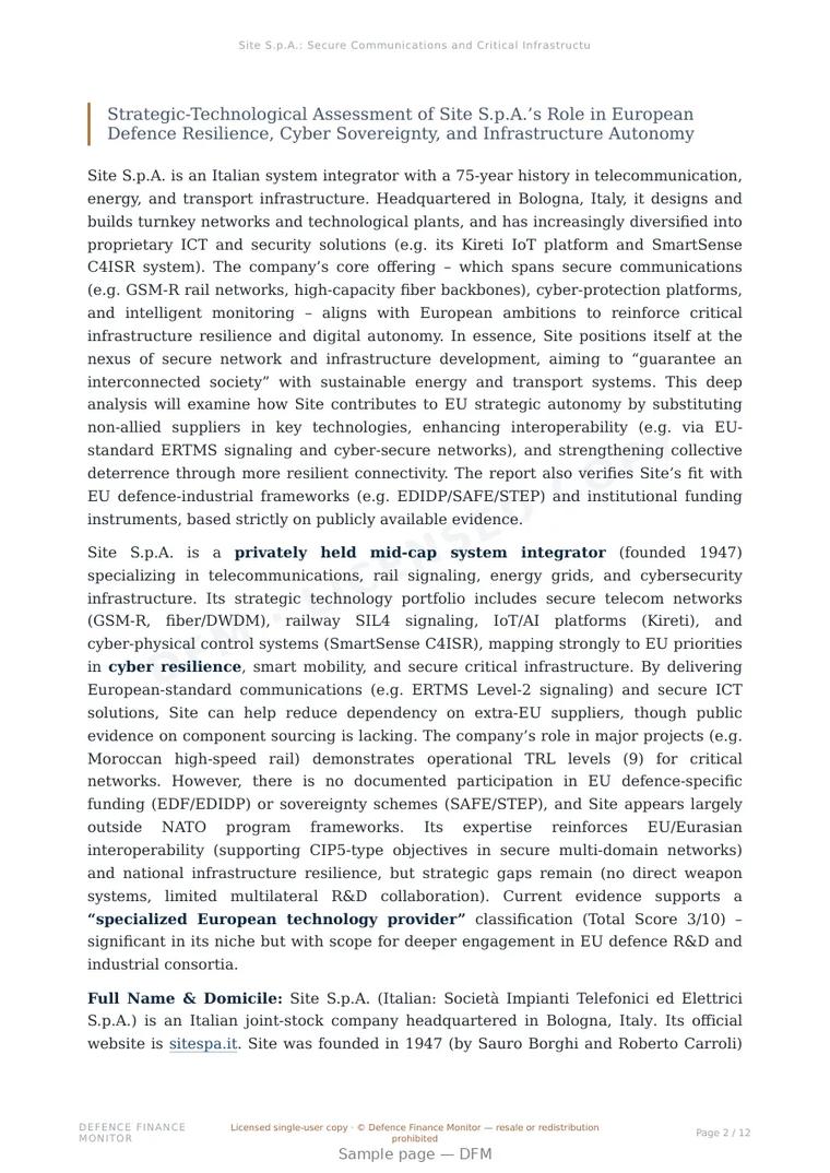 Sample page from “Site S.p.A.: Secure Communications and Critical Infrastructure Integration” — 13-page report