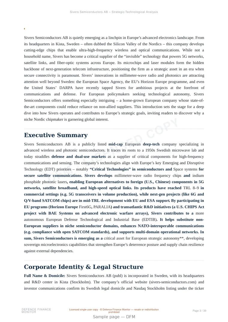 Sample page from “Sivers Semiconductors AB — Sweden semiconductors company” — 40-page report