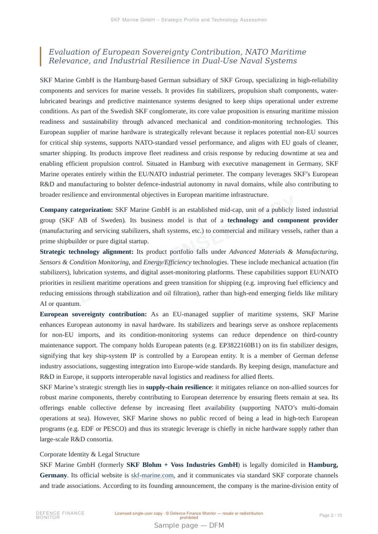 Sample page from “SKF Marine GmbH – Strategic Profile and Technology Assessment” — 11-page report