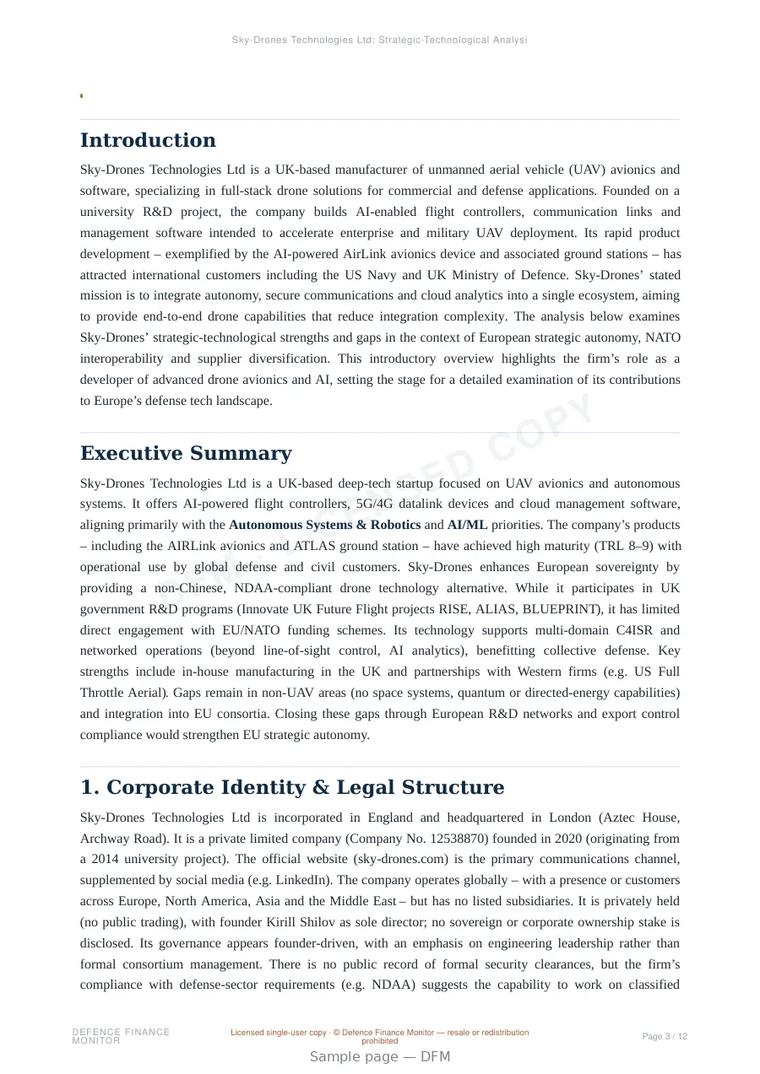 Sample page from “Sky-Drones Technologies Ltd — United Kingdom unmanned aerial systems company” — 13-page report