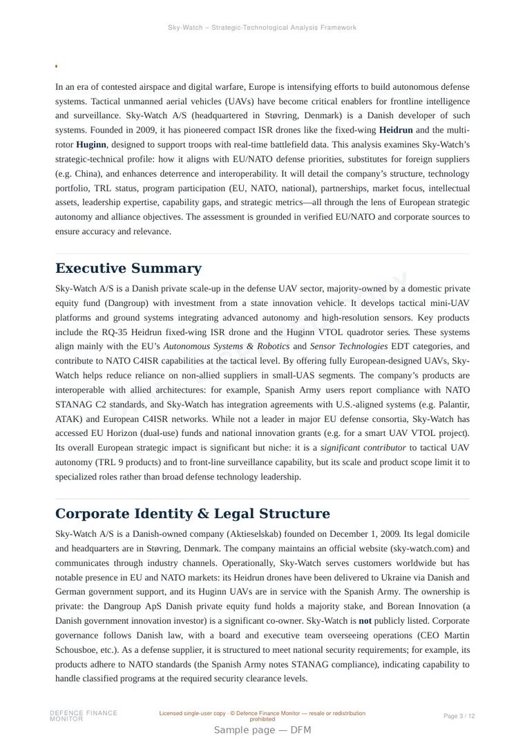 Sample page from “Sky-Watch A/S — Denmark unmanned aerial systems company” — 13-page report