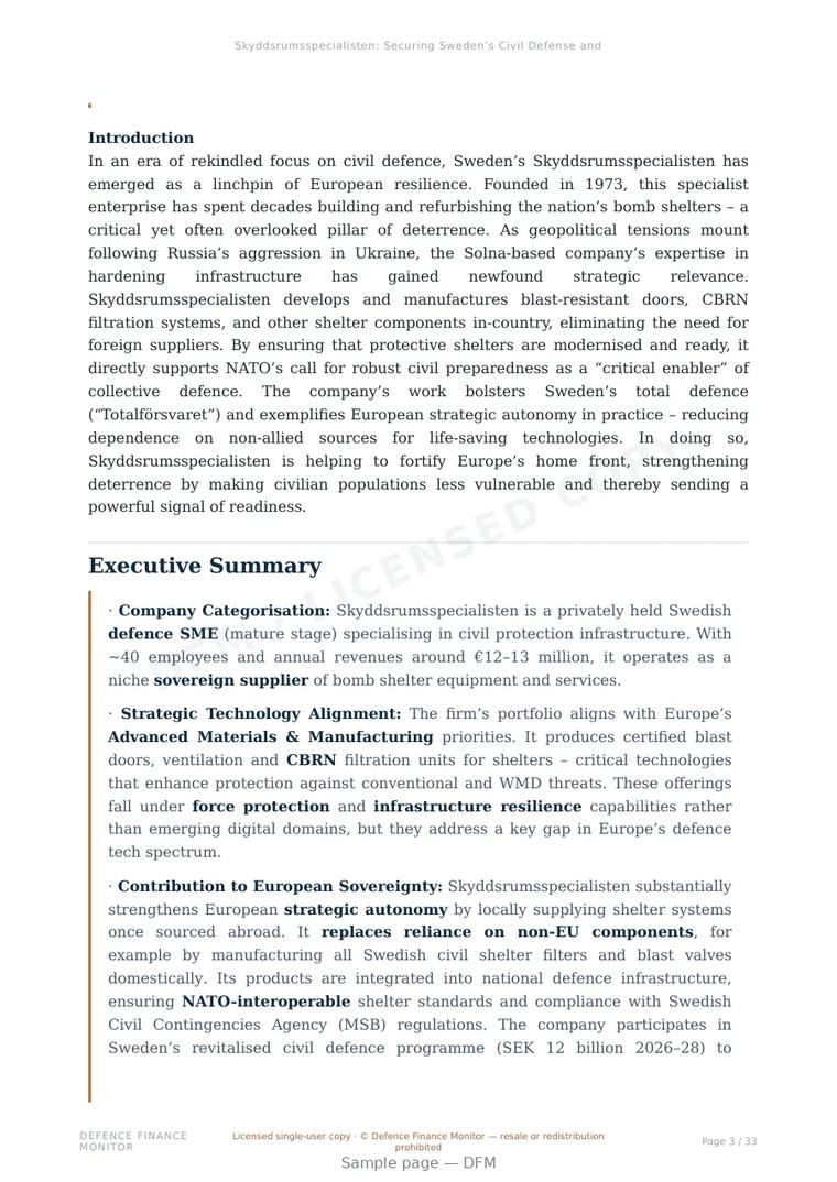 Sample page from “Skyddsrumsspecialisten: Securing Sweden’s Civil Defense and NATO Infrastructure Resilience” — 34-page report