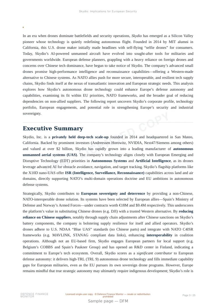 Sample page from “Skydio: Implications for European Security” — 26-page report