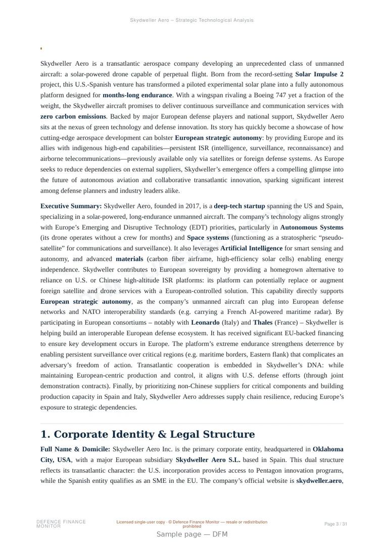 Sample page from “Skydweller Aero – Strategic Technological Analysis” — 32-page report