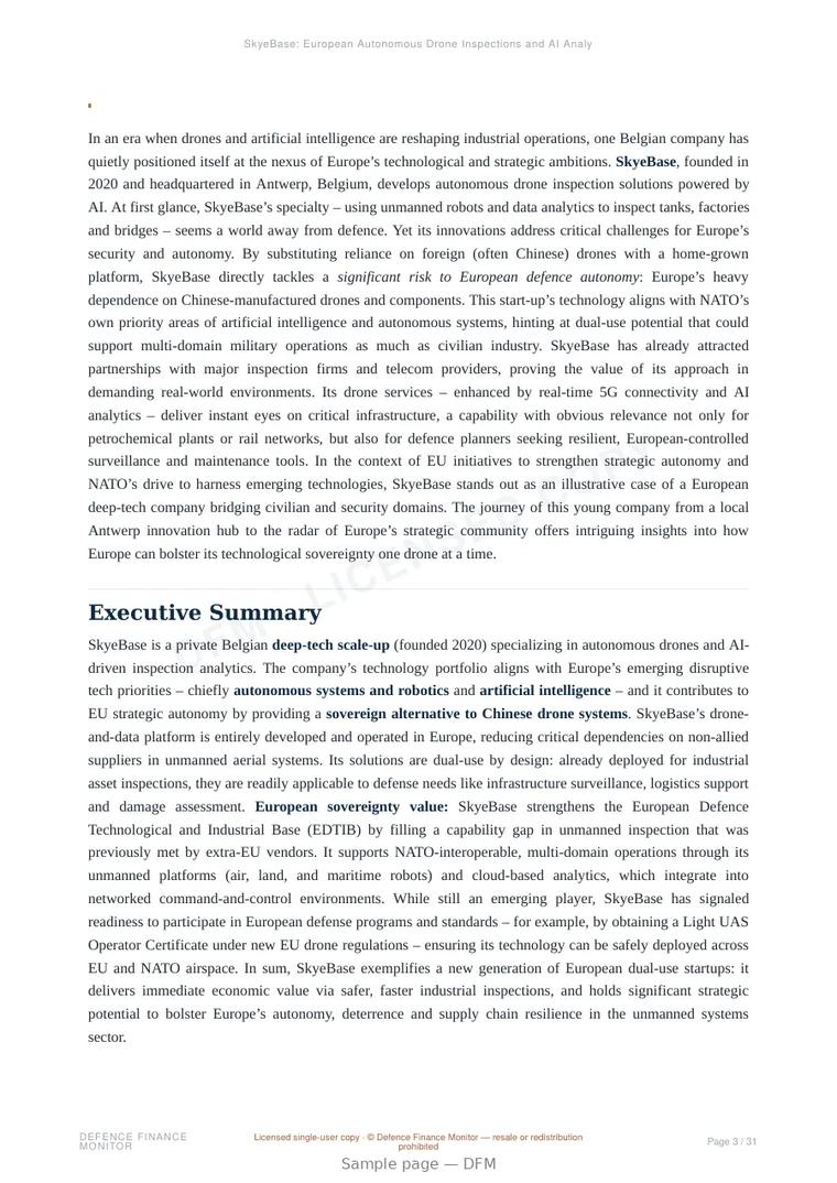 Sample page from “SkyeBase: European Autonomous Drone Inspections and AI Analytics for Strategic Autonomy” — 32-page report