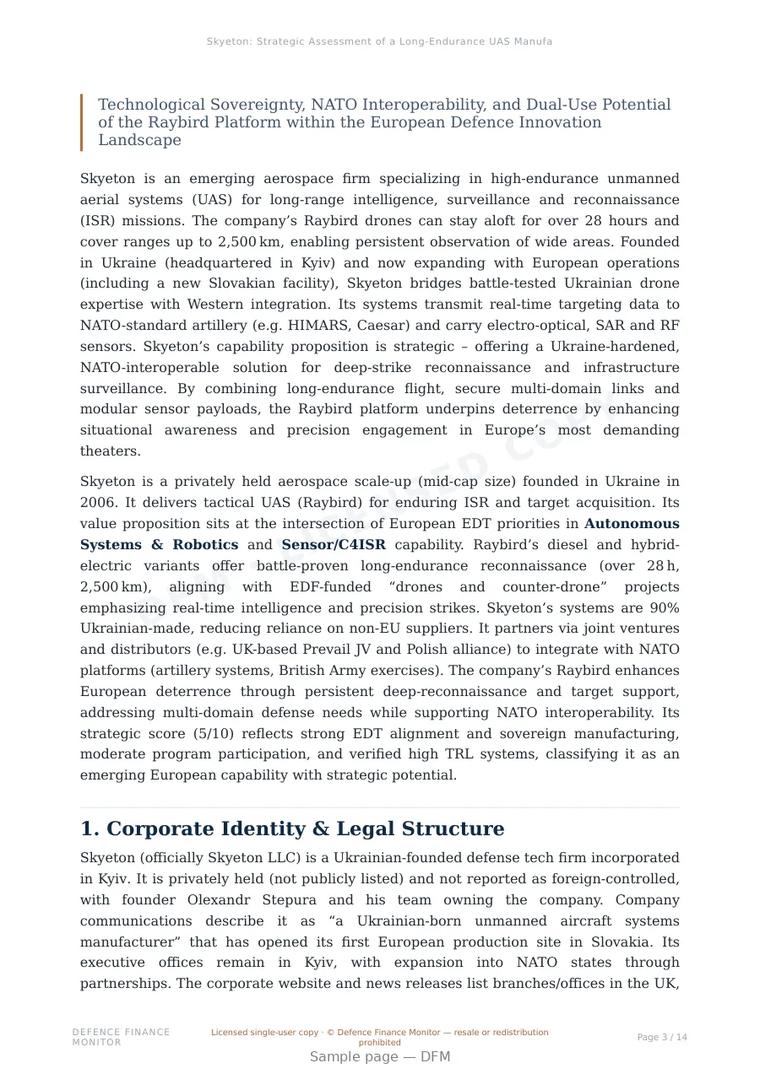 Sample page from “Skyeton: Strategic Assessment of a Long-Endurance UAS Manufacturer” — 15-page report