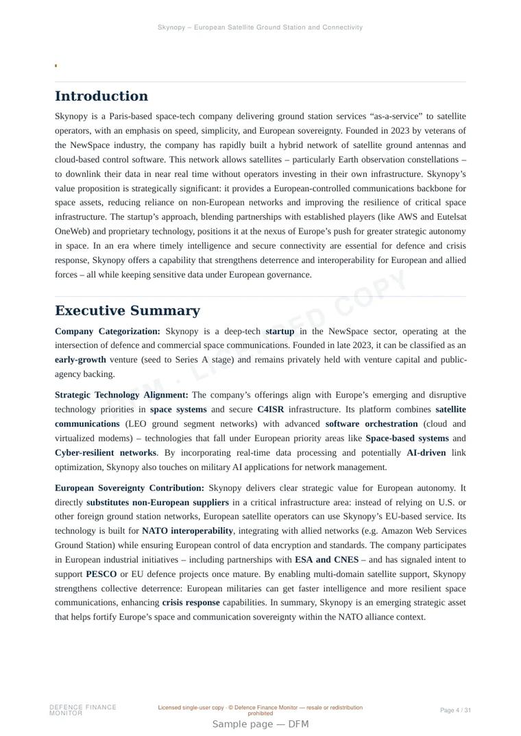 Sample page from “Skynopy – European Satellite Ground Station and Connectivity Services” — 32-page report