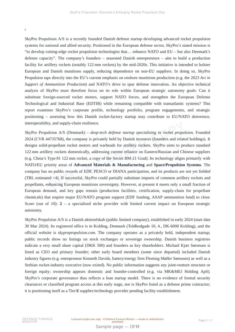 Sample page from “SkyPro Propulsion: Denmark’s Emerging Rocket Propulsion Startup for European Defense Autonomy” — 12-page report