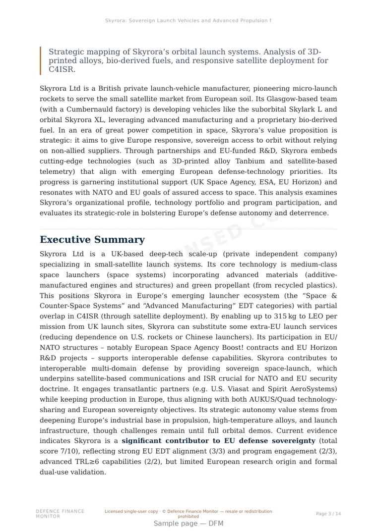 Sample page from “Skyrora: Sovereign Launch Vehicles and Advanced Propulsion for European Space Autonomy” — 15-page report