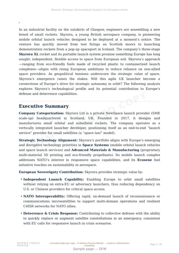Sample page from “Skyrora — United Kingdom launch systems company” — 31-page report