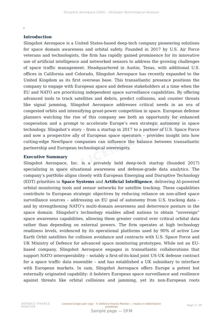 Sample page from “Slingshot Aerospace — United States space domain awareness company” — 40-page report