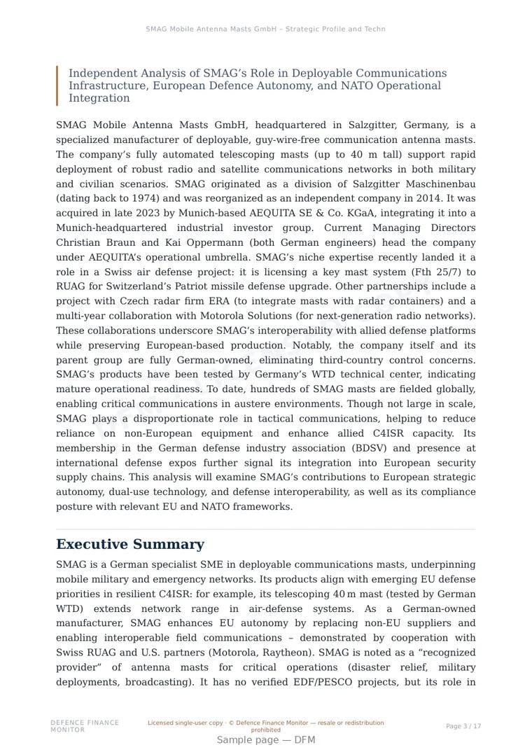 Sample page from “SMAG Mobile Antenna Masts GmbH – Strategic Profile and Technology Assessment” — 18-page report