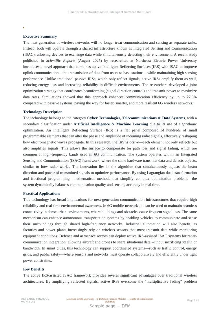 Sample page from “Smarter 6G Networks: Active Intelligent Surfaces that Boost Communication and Sensing Efficiency” — 6-page report