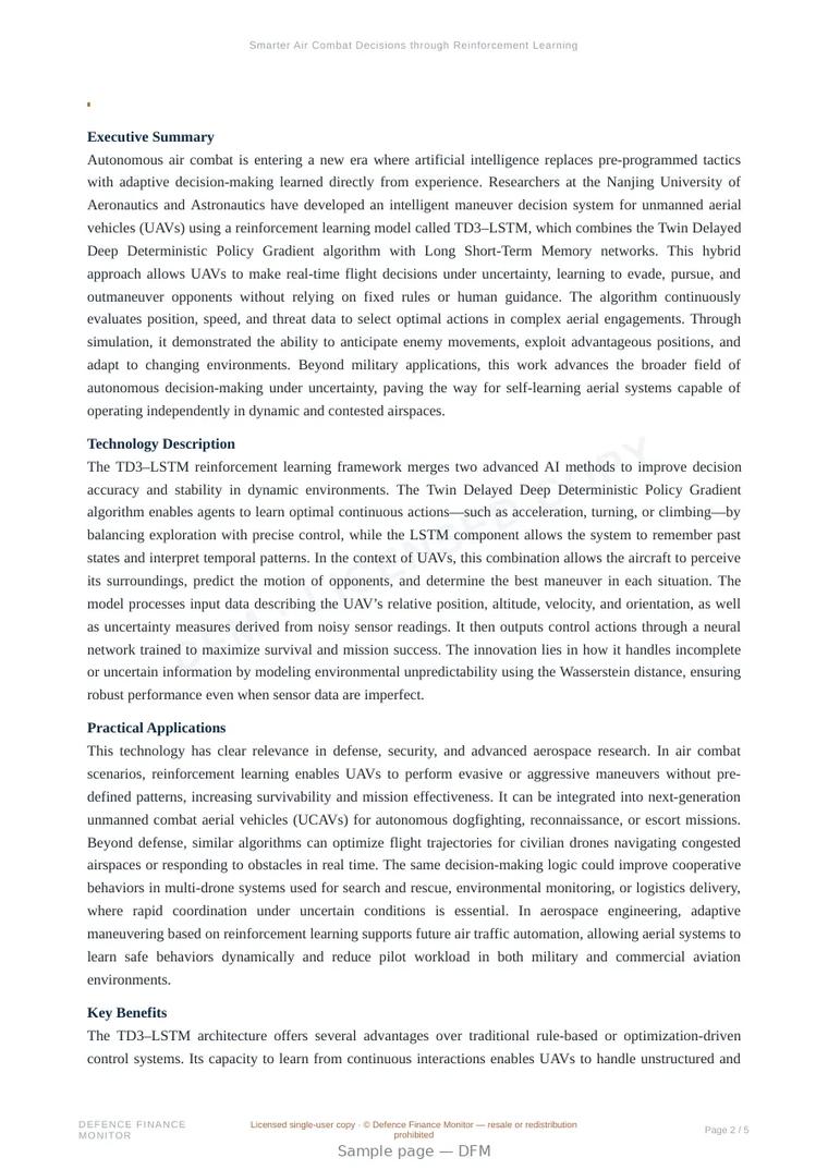 Sample page from “Smarter Air Combat Decisions through Reinforcement Learning” — 6-page report