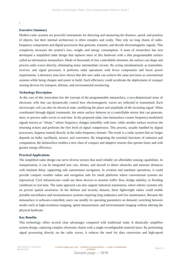 Sample page from “Smarter and Cheaper Radar: How Programmable Surfaces Could Transform Sensing” — 6-page report
