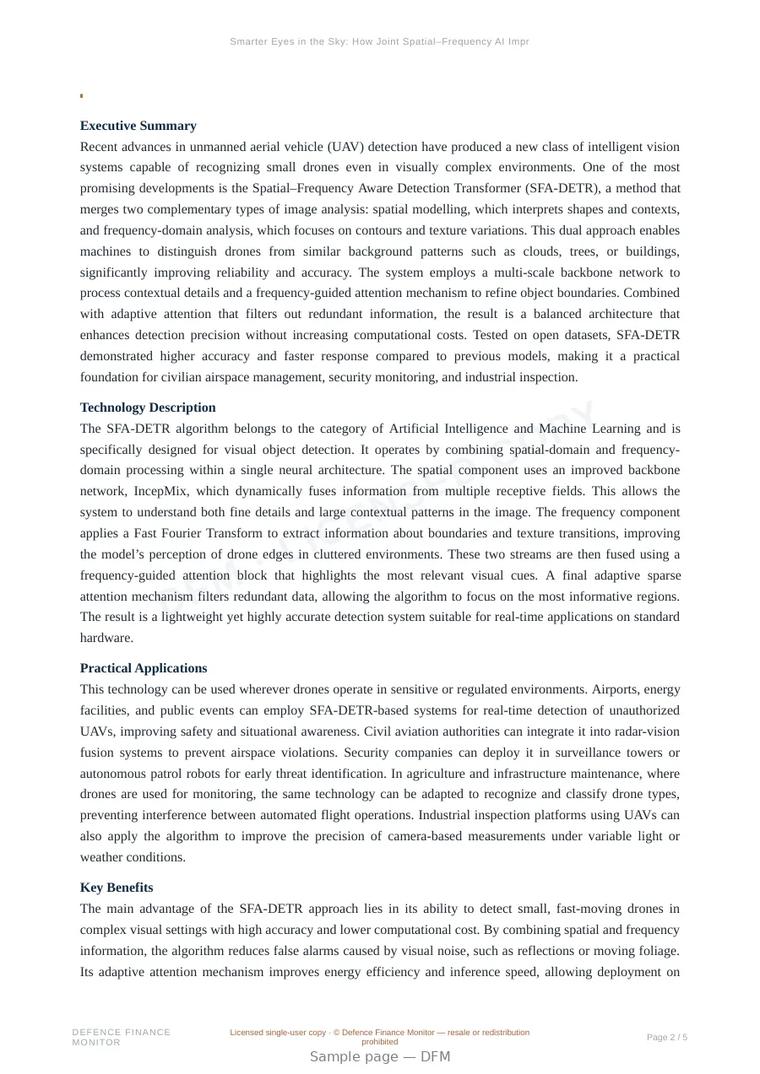 Sample page from “Smarter Eyes in the Sky: How Joint Spatial–Frequency AI Improves Drone Detection” — 6-page report