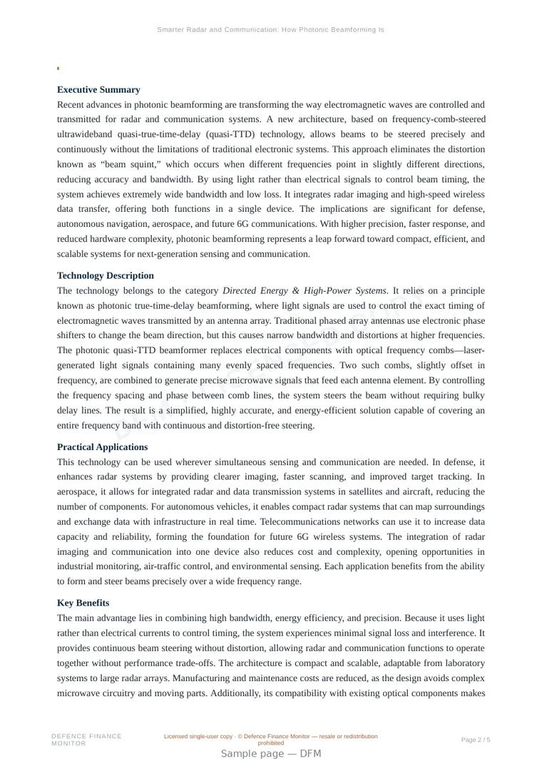 Sample page from “Smarter Radar and Communication: How Photonic Beamforming Is Redefining Wireless Precision” — 6-page report