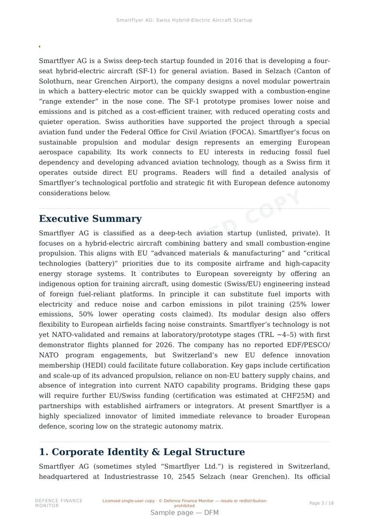 Sample page from “Smartflyer AG: Swiss Hybrid-Electric Aircraft Startup” — 19-page report